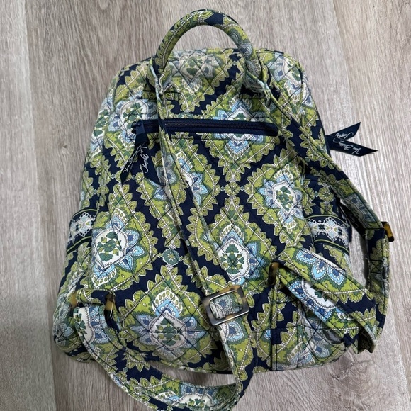 Vera Bradley Quilted Mini Backpack Purse Green Navy Blue - Picture 2 of 8